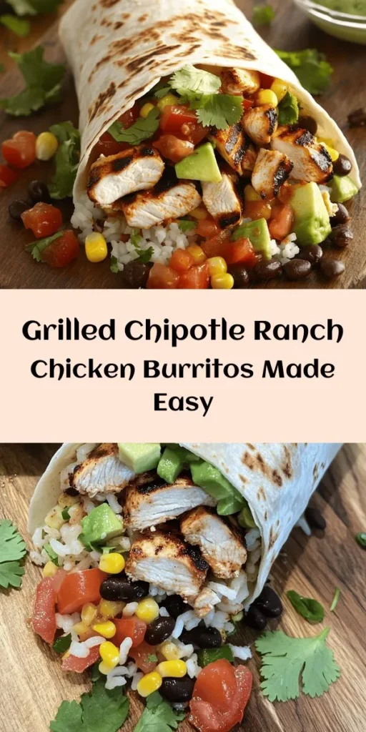 Savor the deliciousness of these Easy Chipotle Ranch Grilled Chicken Burritos! Perfect for a quick weeknight dinner, each burrito is loaded with grilled chicken marinated in zesty chipotle ranch, savory rice, black beans, corn, and fresh veggies. This recipe is simple to prepare, making it a family favorite. Grill to perfection for a crispy finish, and serve with extra dressing for dipping. Enjoy hassle-free tasty meals that everyone will love!