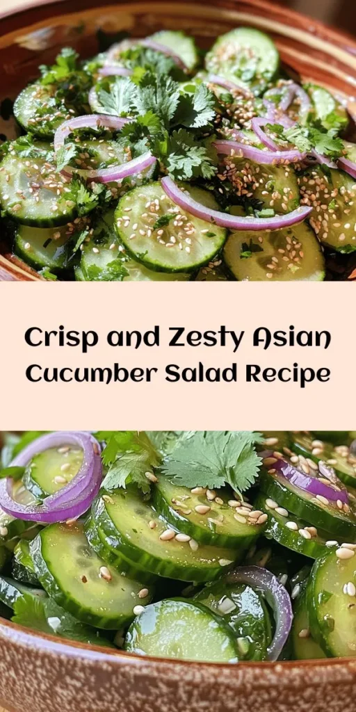 Dive into the vibrant flavors of this refreshing Asian Cucumber Salad! Perfect for warm days, this dish features crisp cucumbers, zesty red onion, and a tangy dressing made with rice vinegar and soy sauce. With hints of fresh ginger and garlic, plus a sprinkle of sesame seeds and cilantro, every bite is a burst of freshness. Quick to make and ready in just 40 minutes, it's an ideal side dish for any meal. Enjoy it chilled for the best taste!