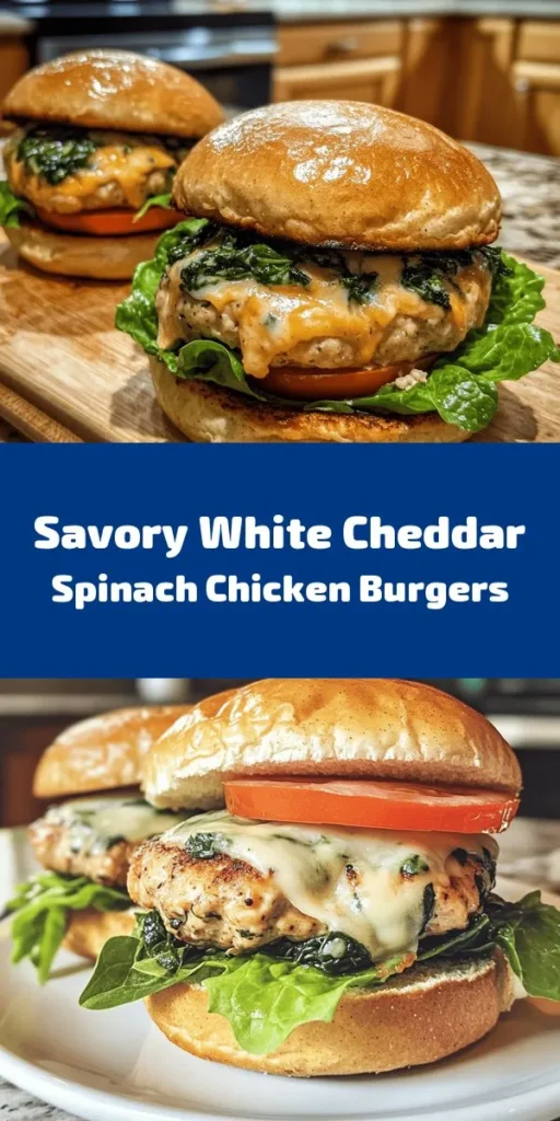 Try these delicious White Cheddar and Spinach Chicken Burgers for a healthy twist on a classic favorite! Juicy ground chicken is combined with fresh spinach, creamy white cheddar, and flavorful spices, then grilled to perfection. Ready in just 30 minutes, these burgers are perfect for a quick weeknight dinner. Serve on whole wheat buns with lettuce and tomato for a satisfying meal that’s packed with nutrients. Give them a try for your next cookout!