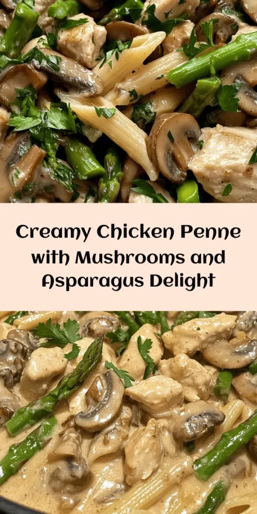 Indulge in a deliciously creamy mushroom and asparagus chicken penne that’s perfect for dinner! This simple recipe features tender chicken, vibrant asparagus, and earthy mushrooms tossed in a rich cream sauce, all combined with al dente penne pasta. Ready in just 30 minutes, it's a satisfying meal that’s easy to whip up on a busy weeknight. Top it off with fresh parsley for a beautiful finish. Your family will be asking for seconds!