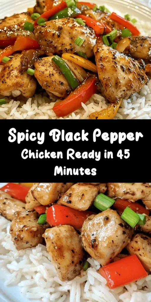 Discover the bold flavors of Sizzling Black Pepper Chicken! This recipe features tender chicken thighs marinated in a mix of black pepper, soy sauce, and oyster sauce, then stir-fried with garlic, ginger, and colorful veggies. Perfectly cooked and served over fluffy jasmine rice, it’s the ultimate quick weeknight dinner. With just a few simple steps and vibrant ingredients, you'll enjoy an irresistible dish that packs a spicy punch!