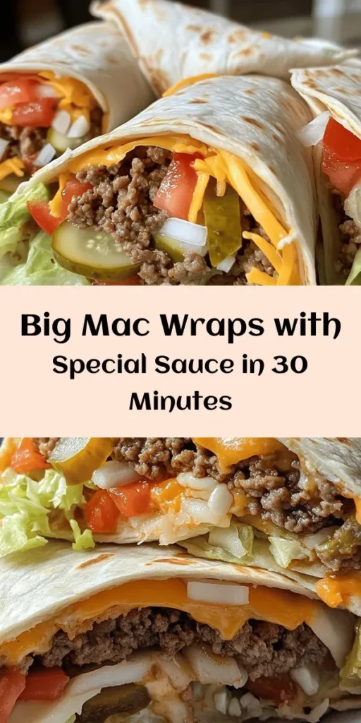 Craving a taste of your favorite fast food but want to make it at home? Try these Homemade Big Mac Wraps with Special Sauce! This simple recipe features seasoned ground beef, fresh veggies, and a creamy special sauce all wrapped up in a tortilla. It's perfect for a quick lunch or dinner and is sure to please the whole family. Ready in just 30 minutes, these wraps are both delicious and easy to prepare. Dive into this fun twist on a classic!
