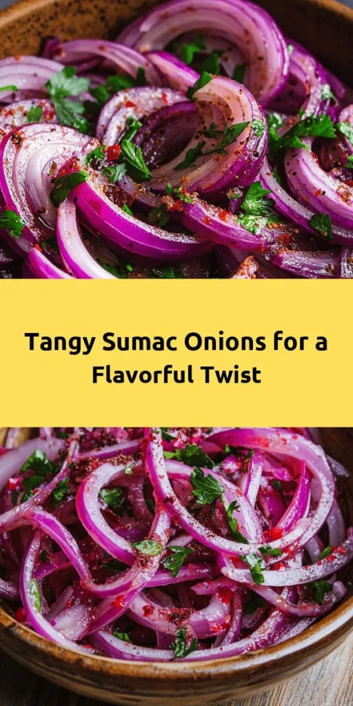 Elevate your dishes with these delicious Sumac Onions! This simple recipe combines thinly sliced red onions, olive oil, and tangy sumac for a burst of flavor. Marinate them to soften the sharpness, and add a squeeze of lemon juice for zing. Perfect as a topping for grilled meats, in sandwiches, or as a fresh side salad. Garnish with parsley for a stunning presentation. Whip these up in just 25 minutes for a zesty treat that everyone will love!