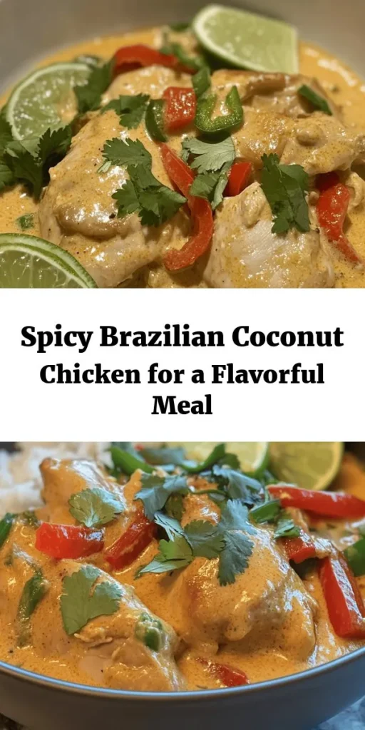 Craving a tropical twist on dinner? Try this Spicy Brazilian Coconut Chicken! Tender chicken thighs are marinated in a creamy coconut milk blend with spices and jalapeños for a zesty kick. Sautéed with aromatic onions and bell peppers, this dish simmers to perfection, delivering bold flavors and juicy meat. Garnish with fresh cilantro and serve with lime wedges for a refreshing finish. Perfect over rice or with crusty bread to soak up all that saucy goodness!