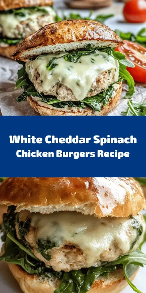 Savor the delicious flavors of White Cheddar and Spinach Chicken Burgers! These juicy, protein-packed burgers combine ground chicken with fresh spinach, creamy white cheddar, and aromatic spices for a healthy twist on classic burgers. Perfect for a weeknight dinner or weekend grill session, they come together in just 30 minutes. Serve them on whole wheat buns with fresh arugula and tomato for a meal that's both tasty and nutritious. Enjoy guilt-free indulgence!