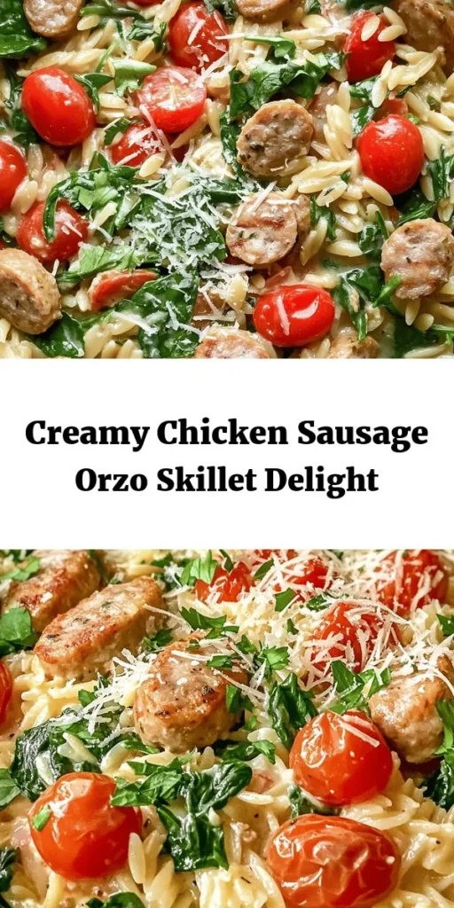 Savor the deliciousness of this Creamy Chicken Sausage Orzo Skillet, a perfect blend of flavors that’s easy to whip up! This one-pan meal features sliced chicken sausage, tender orzo, and fresh spinach, all simmered in a rich creamy sauce with a hint of Italian herbs. With only a 30-minute cook time and simple ingredients, it's ideal for busy weeknights or a cozy family dinner. Don’t forget to top it off with Parmesan and fresh parsley for extra flavor! Enjoy this comfort meal that's sure to impress!