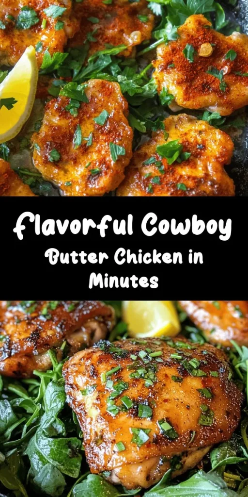 Get ready to elevate your dinner with this easy Cowboy Butter Chicken! Perfectly marinated chicken thighs are coated in a mouthwatering butter sauce made with garlic, fresh herbs, and spices. Simple to prepare in just 35 minutes, this dish is flavorful and satisfying. Serve it on a bed of fresh greens with a squeeze of lemon for a delightful meal. Ideal for family dinners or gatherings, your taste buds will thank you!