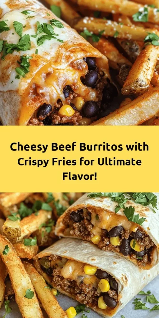 Satisfy your cravings with these Cheesy Beef Burritos loaded with flavorful ground beef, black beans, and corn, all wrapped in warm tortillas and topped with melted cheddar cheese. Pair them with crispy, seasoned fries for the perfect meal! This recipe is easy to follow and perfect for any night of the week. Serve with salsa and sour cream for extra indulgence. Get ready to impress your family and friends with this delicious combo!