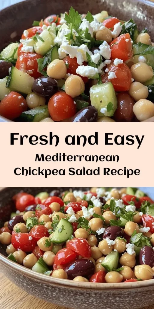 Looking for a fresh and delicious meal? Try this Easy Mediterranean Chickpea Salad! It's packed with flavor and nutrients from chickpeas, cherry tomatoes, cucumbers, and Kalamata olives, topped off with a zesty olive oil dressing. Perfect for lunch or as a side dish, this salad takes just 15 minutes to prep. Let it sit to enhance the flavors, and serve it chilled or at room temperature. It's healthy, satisfying, and great for meal prep!