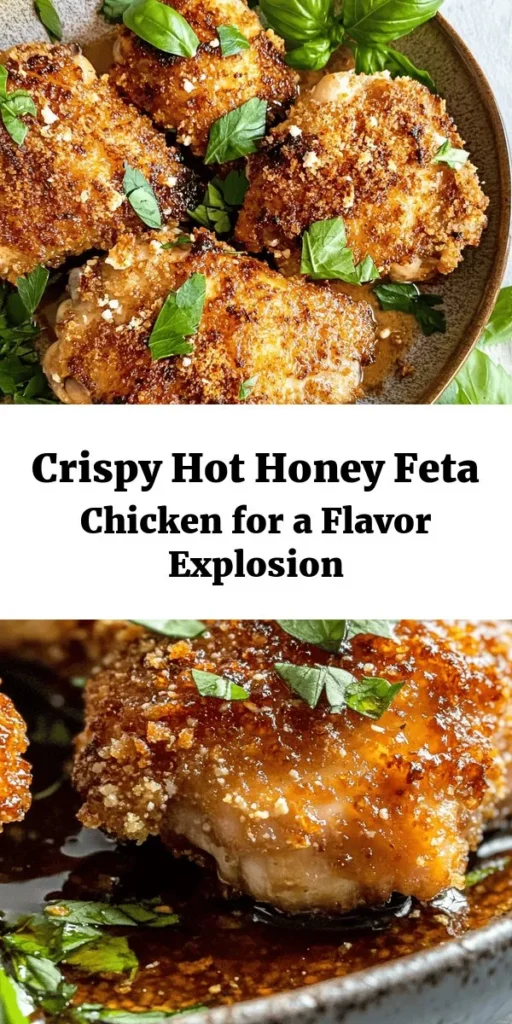 Indulge in the mouthwatering flavor of Crispy Hot Honey Feta Chicken! This dish features juicy, golden chicken thighs coated in a crunchy panko breading, baked to perfection, and topped with a delectable hot honey-feta mixture. Easy to make with simple ingredients, this recipe is sure to impress at dinner. Perfectly crispy on the outside, tender on the inside, and bursting with flavor, it's ideal for weeknight meals or special occasions. Enjoy it with your favorite sides!