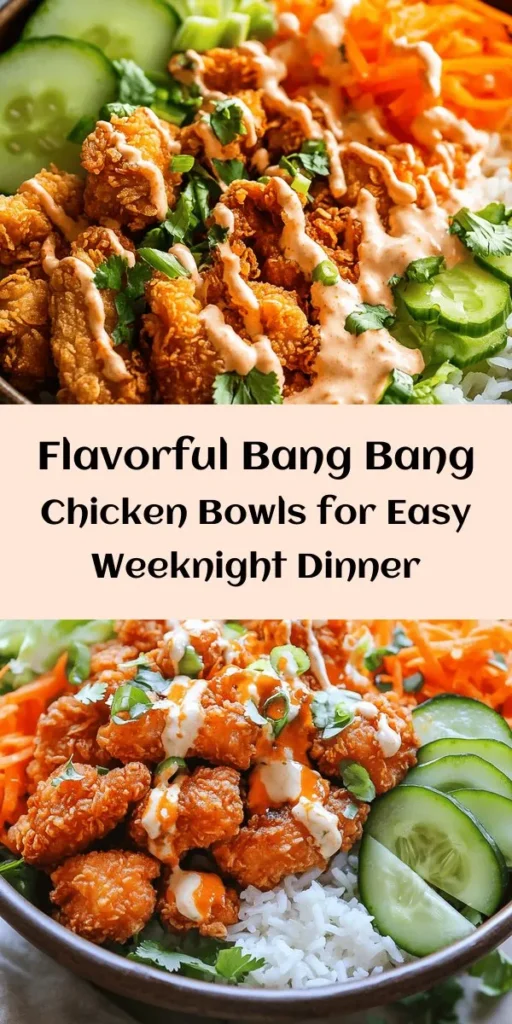 Create a delicious Bang Bang Chicken Bowl that's bursting with flavor! This easy recipe features crispy fried chicken tossed in a creamy and spicy Bang Bang sauce, all served over a bed of fluffy jasmine or brown rice. Topped with fresh veggies like shredded lettuce, cucumbers, and carrots, this bowl is perfect for a quick lunch or dinner. Ready in just an hour, it's a fun and vibrant meal that brings excitement to your table. Enjoy!