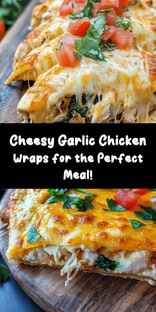 Indulge in these irresistibly Cheesy Garlic Chicken Wraps! Perfect for a quick lunch or dinner, this recipe combines shredded chicken with rich cream cheese, melty cheddar, and mozzarella, all elevated with minced garlic and spices. Fresh spinach and diced tomatoes add a burst of flavor, while grilling achieves a golden, crispy finish. Ready in just 30 minutes, these wraps are a delicious and satisfying meal. Serve warm with your favorite dip and enjoy!