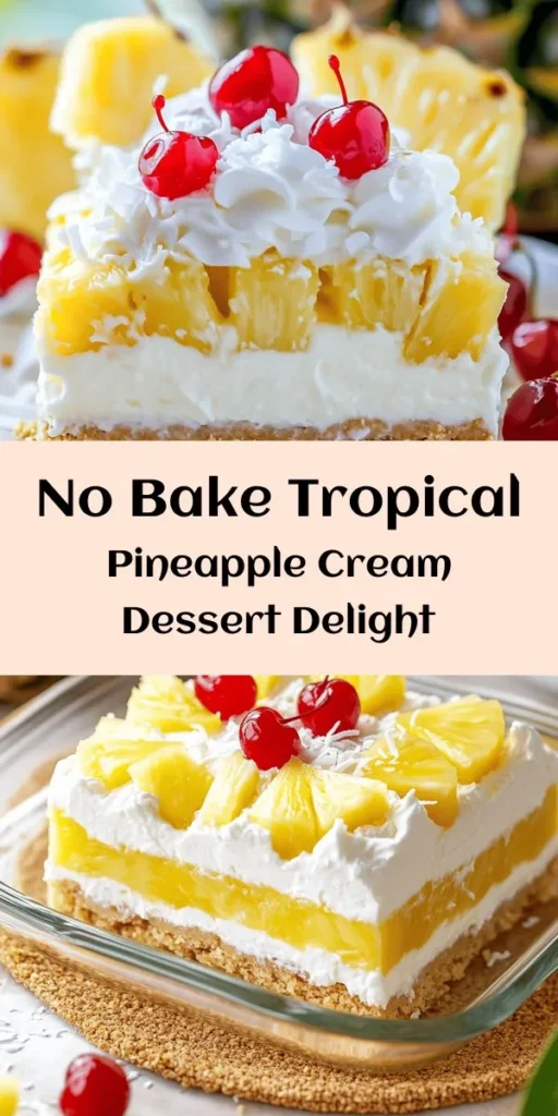 Escape to a tropical paradise with this easy No Bake Pineapple Cream Dessert! Made with creamy layers of crushed pineapple, sweetened condensed milk, and whipped cream, it's a delightful treat perfect for warm days. With a crunchy graham cracker base and a sprinkle of coconut flakes, each bite is a taste of summer. Just mix, layer, and refrigerate—then enjoy a refreshing dessert that's sure to impress! Perfect for gatherings or a simple family treat!