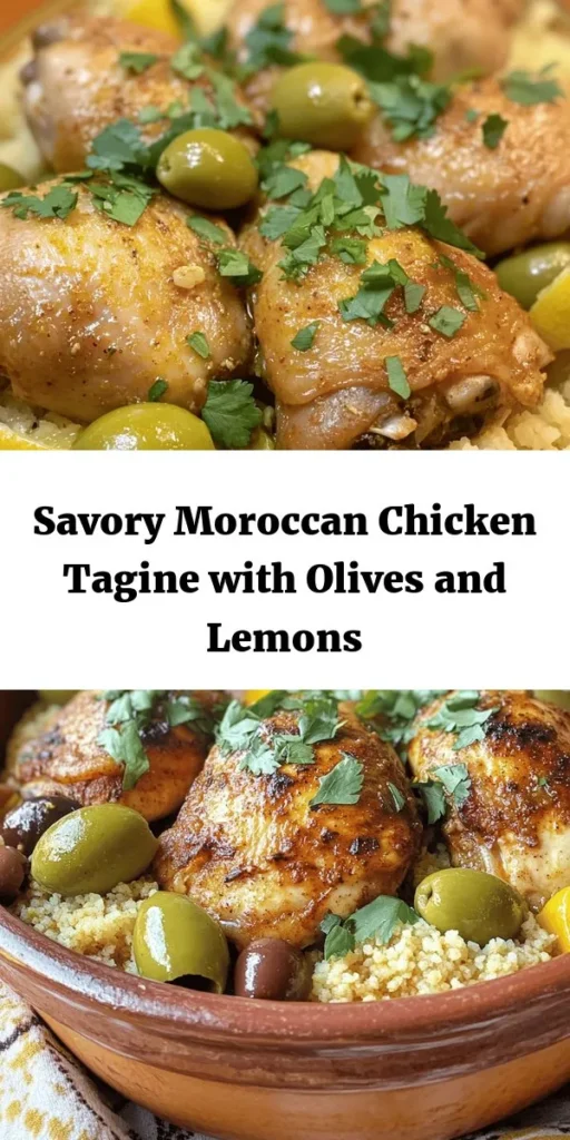 Discover the flavors of Morocco with this delicious Chicken Tagine featuring olives and preserved lemons! This comforting dish starts with perfectly browned chicken thighs and a blend of aromatic spices like cumin, coriander, and cinnamon. Simmered to tender perfection and finished with zesty preserved lemons and green olives, it's an explosion of taste. Serve it over fluffy couscous or rice for a satisfying meal that's sure to impress. Perfect for family dinners or when you're craving something unique!