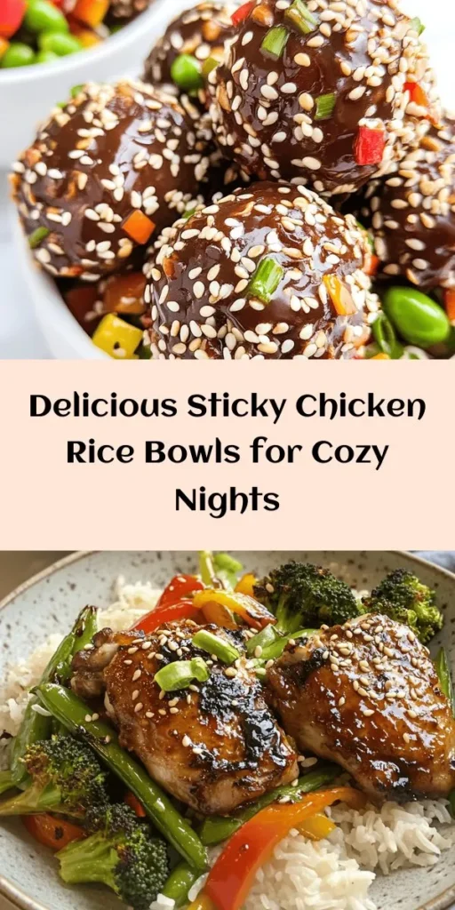 Enjoy a delicious twist on dinner with these Sticky Chicken Rice Bowls! Featuring tender marinated chicken thighs glazed in a sweet and savory sauce, complemented by fluffy jasmine rice and a colorful vegetable medley, this recipe is a crowd-pleaser. It's perfect for meal prep or a cozy family dinner. Garnished with sesame seeds and green onions for that extra crunch, these bowls are as tasty as they are beautiful. Great for any night of the week!