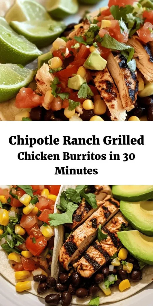Elevate your weeknight dinner with this Easy Chipotle Ranch Grilled Chicken Burrito! Packed with marinated grilled chicken, fluffy brown rice, and a delicious blend of black beans, corn, and fresh veggies, these burritos are a crowd-pleaser. Perfectly wrapped and optionally crisped up on the skillet, they’re ready in just 30 minutes. Serve with lime wedges and cilantro for a burst of flavor. Get ready to satisfy your cravings!