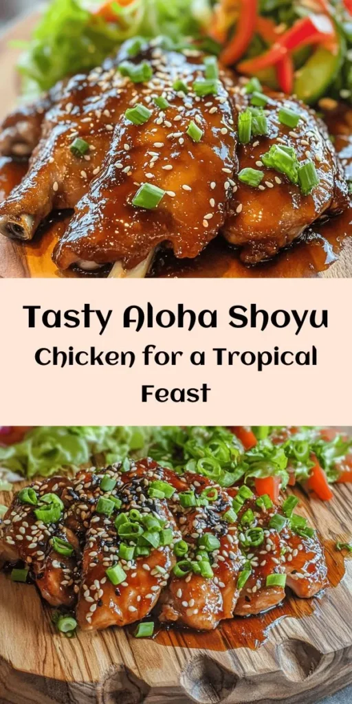 Experience the flavors of Hawaii with this Aloha Shoyu Chicken Delight! This delicious dish features tender chicken thighs marinated in a savory blend of soy sauce, brown sugar, honey, and garlic, creating a taste that transports you straight to the islands. Perfect for grilling or pan-searing, serve it with a sweet thickened sauce, garnished with green onions and sesame seeds. It's a quick and easy meal that’s perfect for any night of the week! Enjoy with rice or a fresh salad.