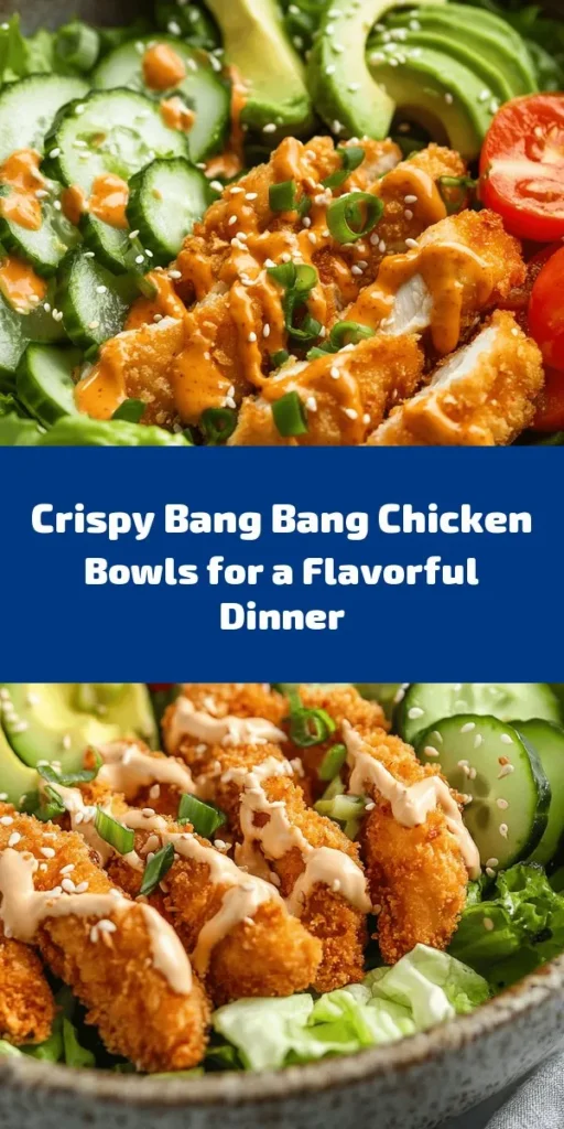 Dive into these delicious Bang Bang Chicken Bowls! With crispy fried chicken coated in Panko, fresh veggies like lettuce, cherry tomatoes, and avocado, this dish is both vibrant and satisfying. Drizzled with a creamy, spicy Bang Bang sauce, each bite is packed with flavor. Perfect for lunch or dinner, this recipe is quick to prepare, taking just 35 minutes. Enjoy a tasty meal that’s sure to impress family and friends! #BangBangChicken #HealthyBowls