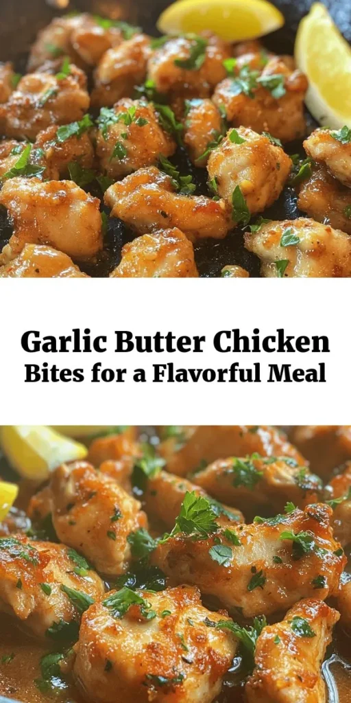 Savor the deliciousness of Garlic Butter Chicken Bites with this easy recipe! Tender chicken bites are marinated in spices, then sautéed in rich garlic butter. Finished with fresh parsley and a zing of lemon, this dish is perfect for a quick dinner or game day snack. Cooked in just 30 minutes, it's a flavorful option that everyone will love. Serve hot with lemon wedges for an extra burst of flavor. Quick, easy, and oh-so-tasty!