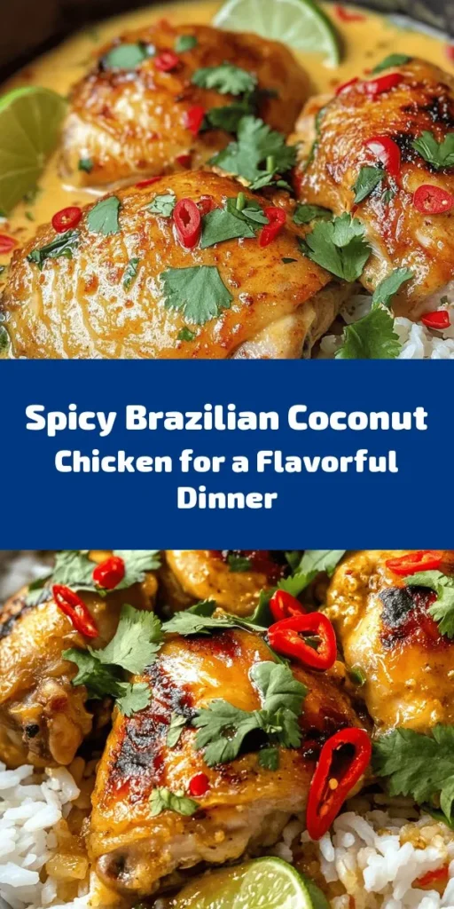 Elevate your dinner with this Spicy Brazilian Coconut Chicken! This dish features tender marinated chicken thighs simmered in rich coconut milk, infused with spices like paprika, cumin, and fresh chilies. The combination of aromatics creates an irresistible flavor that pairs beautifully with rice or quinoa. Ready in just an hour, it’s perfect for a weeknight meal or a special occasion. Don't forget to top it off with fresh cilantro for the ultimate garnish!