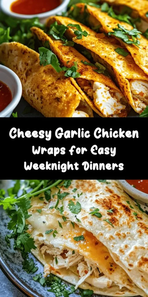 Looking for a quick and delicious meal? Try these Cheesy Garlic Chicken Wraps! Packed with shredded chicken, mozzarella, and cream cheese, these wraps are bursting with flavor. Simply mix your ingredients, toast them in a tortilla, and enjoy a crispy, gooey bite. Perfect for lunch or a light dinner, and customizable with your favorite greens and sauces. Get ready to indulge in cheesy goodness! Serve and savor every bite!