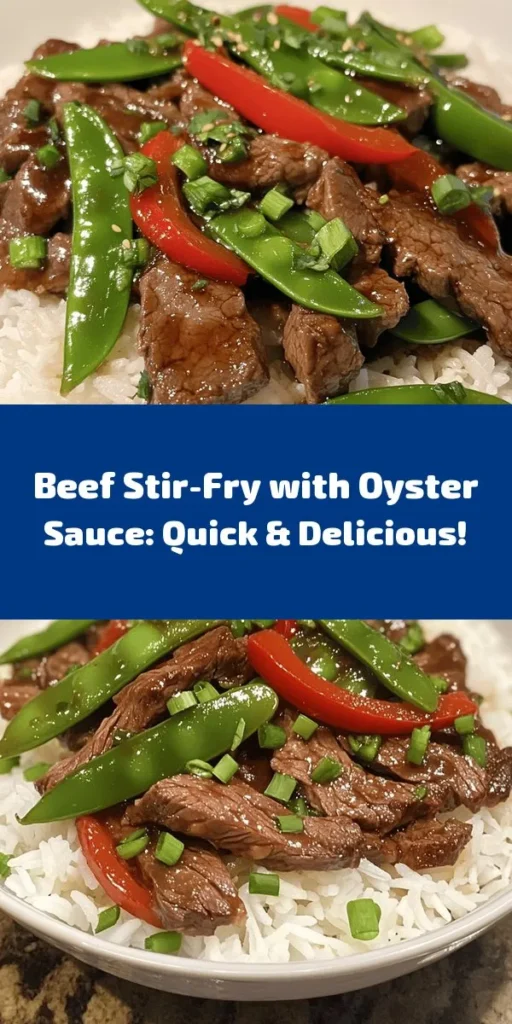 Indulge in the rich flavors of Savoring the Depths: Beef with Oyster Sauce. This delicious stir-fry features tender slices of beef flank steak marinated in a savory mix of oyster and soy sauce, tossed with colorful red bell peppers and crunchy snow peas. Infused with fresh garlic and ginger, this quick dish is perfect served over fluffy jasmine rice. Easy to make, it's a delightful meal for any night of the week. Enjoy a burst of flavor in every bite!