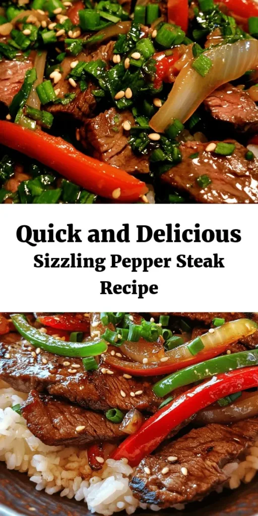 Get ready for a flavor-packed dinner with this Sizzling Pepper Steak with Onions! This easy recipe features tender flank steak marinated in a delicious blend of soy and oyster sauce, stir-fried with colorful bell peppers, onions, and aromatic garlic and ginger. Perfect over rice or noodles, this dish is quick to prepare in just 30 minutes and serves four. Garnish with green onions and sesame seeds for that extra touch. Dive into this vibrant meal tonight!