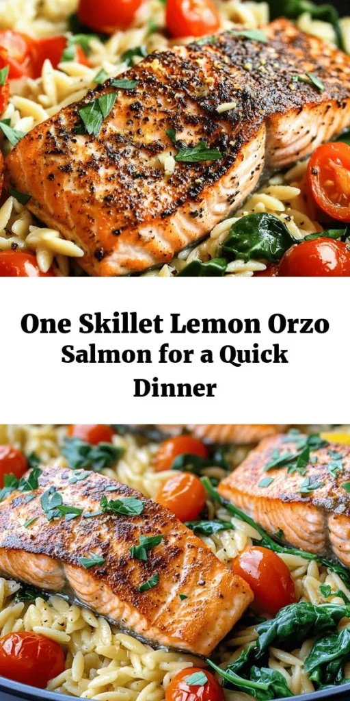 Enjoy a delicious and easy meal with this One Skillet Salmon with Lemon Orzo! Perfect for busy weeknights, this recipe features seared salmon paired with creamy lemon orzo, cherry tomatoes, and fresh spinach, all cooked in one pan for minimal cleanup. Ready in just 30 minutes, this dish is packed with flavor and healthy ingredients. Garnish with fresh parsley for a beautiful presentation! Don't forget the red pepper flakes for an extra kick.