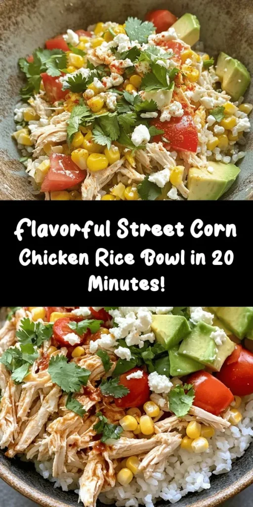 Enjoy a delicious and quick meal with this Easy Street Corn Chicken Rice Bowl! Packed with flavor, this dish features a base of fluffy rice topped with tender rotisserie chicken, sweet corn, juicy tomatoes, and creamy avocado. Finished with crumbled feta cheese and a squeeze of lime, it's perfect for a weeknight dinner. Quick to prepare in just 20 minutes, this bowl is both satisfying and nutritious. Give it a try and make it your new favorite!