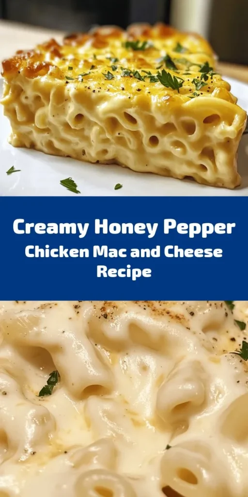 Indulge in this Creamy Honey Pepper Chicken Mac and Cheese Delight for a comforting and delicious meal! This recipe combines tender chicken and macaroni tossed in a rich, creamy sauce made from heavy cream, honey, and a hint of Dijon mustard. Topped with sharp cheddar and Parmesan cheese, it’s a perfect balance of sweet and savory. Quick to prepare in just 30 minutes, it's a great choice for weeknight dinners. Garnish with fresh parsley for a tasty finish!