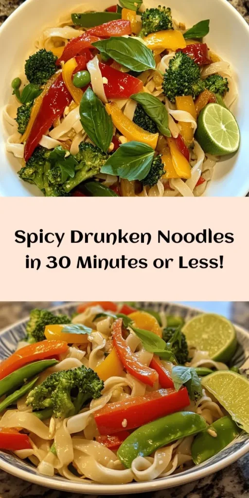 Indulge in the flavors of Drunken Noodles Delight! This easy-to-make dish features wide rice noodles stir-fried with colorful bell peppers, crisp broccoli, and your choice of protein, all coated in a savory sauce infused with garlic and a hint of spice. Perfect for a quick weeknight dinner, this recipe takes just 30 minutes to whip up. Garnish with fresh basil and lime for a burst of freshness. Get ready to delight your taste buds!