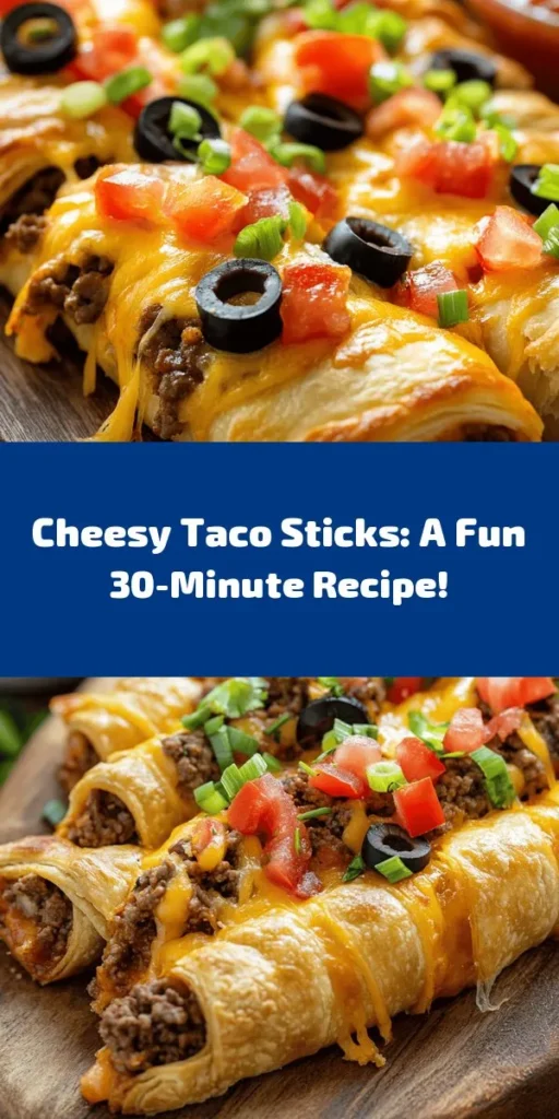 Transform taco night with these delicious Cheesy Taco Sticks! Made with seasoned ground beef, two melty cheeses, and wrapped in flaky crescent roll dough, they’re perfect for dipping into salsa. In just 30 minutes, you can create a fun and tasty treat that everyone will love. Customize your sticks with optional toppings like diced tomatoes, olives, and green onions for extra flavor. Perfect for parties or a cozy family dinner!