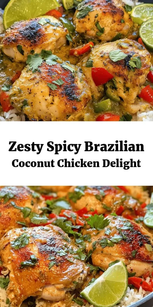 Discover a burst of tropical flavors with this Spicy Brazilian Coconut Chicken recipe! Tender, seared chicken thighs are simmered in a rich and creamy coconut milk sauce that's elevated with fresh veggies, garlic, and a kick of chili. Perfectly paired with rice, this dish is not only easy to make but also delivers a deliciously spicy experience. Garnish with cilantro and lime for an extra zing. Enjoy a taste of Brazil right at home!