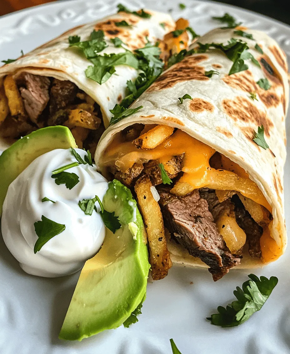 Indulgent comfort food has a universal appeal, often evoking feelings of warmth, satisfaction, and a touch of nostalgia. Among the myriad of dishes that offer solace in every bite, burritos stand out as a versatile option that caters to a wide range of palates. The beauty of a burrito is its adaptability; it can be filled with anything from beans and rice to succulent meats and vibrant vegetables. Today, we invite you to explore a unique twist on this beloved classic with our <strong>Steak & Cheese Dirty Fry Burritos</strong>.” /></p>
</p>
<h3>Wrapping the Burritos</h3>
</p>
<p>When it comes to wrapping your Steak & Cheese Dirty Fry Burritos, technique is essential for ensuring that each burrito is secure and the fillings stay intact during cooking and serving. Start by laying your tortilla flat on a clean surface or a large cutting board.</p>
</p>
<p><strong>1. Layering the Fillings:</strong></p>
<p>Begin by placing your prepared steak, cheese, and any additional toppings in the center of the tortilla. Keep the fillings toward the center and avoid overstuffing, as this can lead to messy burritos. A good rule of thumb is to use about one cup of filling for a standard large tortilla.</p>
</p>
<p><strong>2. Folding the Sides:</strong></p>
<p>Fold the sides of the tortilla inward over the fillings. This step is crucial as it helps contain the fillings while you roll. Make sure to gently press down on the sides to secure them over the filling.</p>
</p>
<p><strong>3. Rolling the Burrito:</strong></p>
<p>Next, grasp the bottom edge of the tortilla and roll it upward, tucking the filling in as you go. Continue rolling until the burrito is fully wrapped. If you find it challenging to keep the fillings inside, try using a damp paper towel to seal the edges or press the burrito seam down on the cooking surface to help it hold together.</p>
</p>
<p><strong>4. Securing the Burrito:</strong></p>
<p>Once rolled, you can optionally wrap the burrito in foil or parchment paper, especially if you plan to grill or store them. This not only helps maintain warmth but also keeps them from falling apart during cooking.</p>
</p>
<h3>Grilling the Burritos</h3>
</p>
<p>Grilling your burritos is a game-changer when it comes to adding texture and flavor. The heat from the grill will create a crispy, golden-brown exterior while allowing the cheese to melt perfectly, enhancing the overall taste experience.</p>
</p>
<p><strong>1. Preheating the Grill:</strong></p>
<p>Before you place the burritos on the grill, be sure to preheat it to medium-high heat. This ensures that the burrito cooks evenly and gets that delicious, charred flavor.</p>
</p>
<p><strong>2. Grilling Technique:</strong></p>
<p>Lightly brush the burritos with olive oil or melted butter on the outside before placing them on the grill. This not only adds flavor but also helps achieve that crispy texture. Grill the burritos for about 3-4 minutes on each side. Keep an eye on them to prevent burning, and turn them gently using tongs.</p>
</p>
<p><strong>3. Checking for Doneness:</strong></p>
<p>You’ll know your burritos are done when they are golden brown and crispy on the outside. The cheese should be melted and gooey inside, creating a delectable contrast to the crunchy exterior.</p>
</p>
<h3>Flavor Combinations and Variations</h3>
</p>
<p>One of the joys of making Steak & Cheese Dirty Fry Burritos is the ability to customize them to suit different tastes and dietary preferences. Here are some exciting variations to consider:</p>
</p>
<h4>Alternative Proteins</h4>
</p>
<p>While steak is a classic choice, you can easily switch it up by using other proteins.</p>
</p>
<p>– <strong>Chicken:</strong> Grilled or shredded chicken works wonderfully in burritos, providing a lighter flavor profile while still being satisfying.</p>
</p>
<p>– <strong>Plant-Based Proteins:</strong> For a vegetarian or vegan option, consider using lentils, chickpeas, or store-bought plant-based meat alternatives. These options retain the hearty essence of the burrito while accommodating dietary restrictions.</p>
</p>
<h4>Cheese Options</h4>
</p>
<p>The type of cheese you use can significantly influence the flavor of your burrito.</p>
</p>
<p>– <strong>Pepper Jack:</strong> For those who enjoy a spicy kick, pepper jack cheese adds both heat and creaminess.</p>
</p>
<p>– <strong>Queso:</strong> If you’re looking for something extra indulgent, consider drizzling some queso over your burrito before wrapping it up.</p>
</p>
<h4>Veggie Additions</h4>
</p>
<p>Adding vegetables not only enhances the flavor but also boosts the nutritional profile.</p>
</p>
<p>– <strong>Bell Peppers:</strong> Sautéed bell peppers add sweetness and crunch. They can be grilled alongside the burritos for a smoky flavor.</p>
</p>
<p>– <strong>Sautéed Onions:</strong> Caramelized onions provide a rich, sweet flavor that complements the savory steak beautifully.</p>
</p>
<h4>Spicy Kick</h4>
</p>
<p>If you like your food with a bit of heat, consider these spicy additions:</p>
</p>
<p>– <strong>Jalapeños:</strong> Fresh or pickled jalapeños can be added for a bright, spicy flavor.</p>
</p>
<p>– <strong>Spicy Salsa:</strong> Swap out the traditional salsa for a roasted tomatillo salsa or a spicy chipotle salsa to kick up the heat.</p>
</p>
<h3>Meal Pairings and Serving Suggestions</h3>
</p>
<p>To create a well-rounded meal, consider pairing your Steak & Cheese Dirty Fry Burritos with complementary side dishes and beverages.</p>
</p>
<h4>Side Dishes</h4>
</p>
<p>– <strong>Simple Salad:</strong> A light green salad topped with a zesty vinaigrette can balance the richness of the burritos. Opt for ingredients like mixed greens, cherry tomatoes, and avocado for added creaminess.</p>
</p>
<p>– <strong>Corn on the Cob:</strong> Grilled corn on the cob brushed with butter and sprinkled with lime and chili powder is a perfect summer side that pairs beautifully with burritos.</p>
</p>
<h4>Beverages</h4>
</p>
<p>– <strong>Iced Tea:</strong> A refreshing glass of iced tea, sweetened or unsweetened, provides a nice contrast to the savory flavors of the burrito.</p>
</p>
<p>– <strong>Light Beer:</strong> For those who prefer a little something stronger, a light beer can complement the dish without overpowering it.</p>
</p>
<h3>Nutritional Considerations</h3>
</p>
<p>While Steak & Cheese Dirty Fry Burritos are undeniably indulgent, they can also be part of a balanced diet when enjoyed in moderation.</p>
</p>
<h4>Caloric Breakdown</h4>
</p>
<p>On average, a single burrito can range from 600 to 800 calories, depending on the size and fillings used. The macronutrient profile typically includes a balanced mix of protein from the steak or alternative proteins, carbohydrates from the tortilla, and fats from the cheese and any added oils.</p>
</p>
<h4>Healthier Modifications</h4>
</p>
<p>If you’re looking to lighten up your burrito without sacrificing flavor, consider these modifications:</p>
</p>
<p>– <strong>Whole Grain Tortillas:</strong> Swap out regular flour tortillas for whole grain or whole wheat options to increase fiber content.</p>
</p>
<p>– <strong>Reduce Cheese:</strong> Use less cheese or opt for lower-fat cheese varieties to decrease the overall calorie count.</p>
</p>
<p>– <strong>Add More Veggies:</strong> Incorporating more vegetables can add volume and nutrients to your burritos without adding many calories.</p>
</p>
<h3>Conclusion</h3>
</p>
<p>Creating your Steak & Cheese Dirty Fry Burritos at home is not just about satisfying your cravings; it’s an opportunity to explore flavors and enjoy the cooking process. The versatility of this recipe allows you to tailor each burrito to your liking, whether through different proteins, cheeses, or spice levels.</p>
</p>
<p>As you wrap, grill, and serve these delicious burritos, remember that the kitchen is a space for creativity and expression. Share your experiences and variations with friends and family, and encourage them to join in on the delicious adventure. Each bite of these burritos promises comfort and satisfaction, making them an ideal dish for any occasion. Enjoy the journey of cooking, and relish the joy of sharing a homemade meal that delights everyone at the table.</p>
<div id=