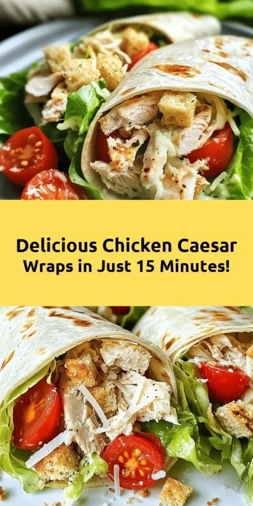 Elevate your lunch game with these delicious Savory Chicken Caesar Wraps! Perfectly packed in just 15 minutes, this recipe features tender chicken coated in creamy Caesar dressing, crisp romaine lettuce, and crunchy croutons, all rolled in soft flour tortillas. Top it off with Parmesan cheese and a dash of black pepper for a flavor boost. Great for meals at home or on the go. Try it today for a quick and satisfying bite!