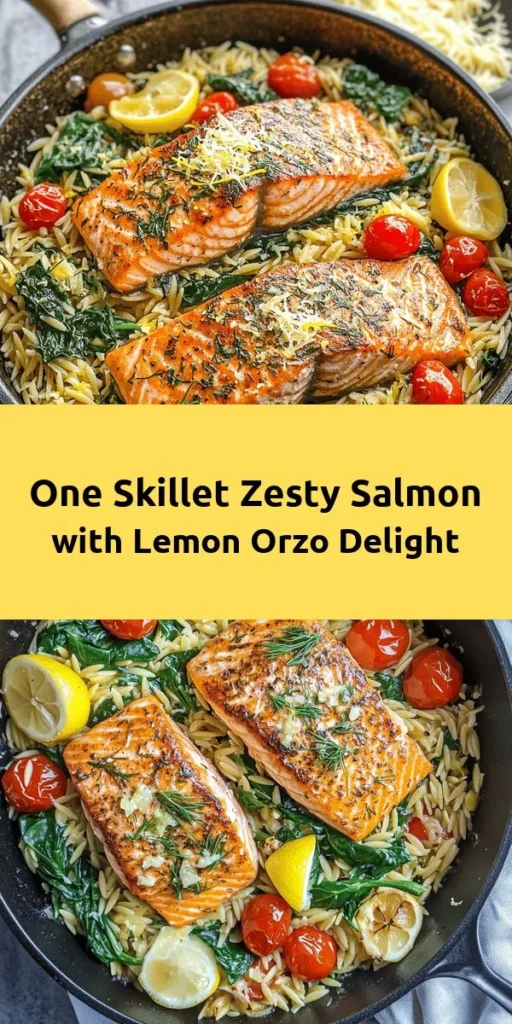 Dive into this delightful Zesty One Skillet Salmon with Lemon Orzo recipe! Perfect for a quick weeknight dinner, it combines tender salmon fillets with flavorful orzo cooked in a zesty lemon broth. Fresh spinach and cherry tomatoes add vibrant color and nutrition. Ready in just 30 minutes and using only one skillet, this dish is easy to prepare and clean up. Don’t forget to sprinkle with Parmesan for an extra touch of richness! Enjoy your meal!