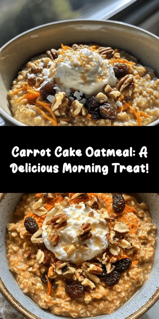 Start your morning with this delicious Carrot Cake Oatmeal! Packed with wholesome rolled oats, fresh grated carrot, and a hint of cinnamon and nutmeg, it's like enjoying a slice of cake for breakfast. Add in raisins and walnuts for extra texture, and top it off with cream cheese or yogurt for a creamy finish. This cozy dish is quick to prepare and perfect for a warm, nutritious start to your day! Enjoy the sweet and satisfying flavors of carrot cake in a wholesome bowl.