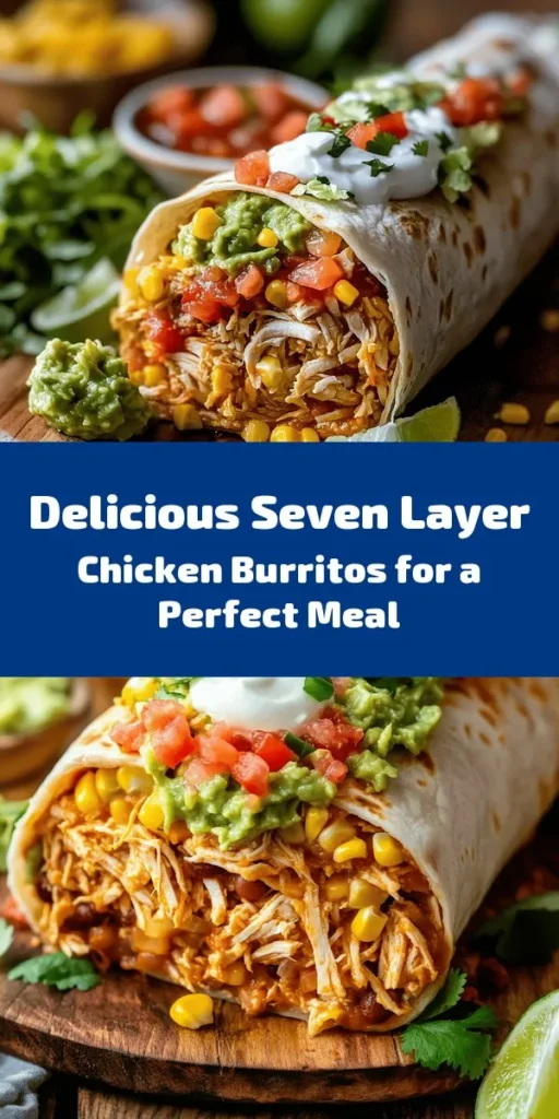 These Seven Layer Chicken Burritos are the perfect weeknight meal for busy families! Bursting with flavor and packed with layers of juicy shredded chicken, refried beans, Mexican rice, corn, and fresh veggies, they are as delicious as they are easy to make. Just layer, roll, and enjoy with sour cream, guacamole, and salsa. Ideal for meal prep or a fun Taco Tuesday! Get ready for a tasty fiesta on your plate! 🍗🌯