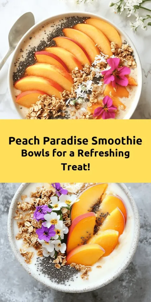 Dive into a refreshing Peach Paradise Smoothie Bowl that's perfect for breakfast or a snack! This easy recipe features ripe peaches, creamy Greek yogurt, and a hint of vanilla for a deliciously smooth blend. Top it off with fresh peach slices, crunchy granola, chia seeds, and a sprinkle of coconut for extra texture. With just 10 minutes of prep time, this bowl is not only nutritious but also a feast for the eyes. Enjoy a taste of summer year-round!
