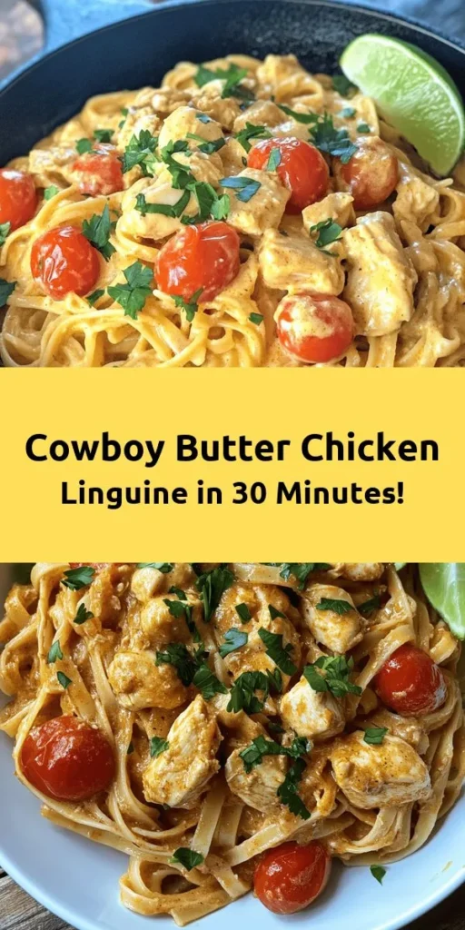 Try this delicious Easy Cowboy Butter Chicken Linguine for a flavorful dinner that comes together in just 30 minutes! With tender chicken pieces seasoned with smoked paprika and cayenne, tossed with linguine, cherry tomatoes, and creamy cheddar sauce, this dish hits all the right notes. Top it with fresh parsley and a squeeze of lime for a burst of freshness. Perfect for weeknight meals or impressing guests! 🍝🤠