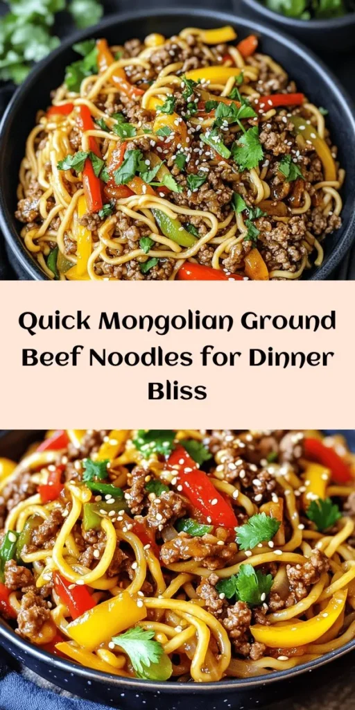 Savor the flavors of this stunning Mongolian Ground Beef Noodles recipe for a quick and delicious dinner! In just 30 minutes, you'll whip up a vibrant dish featuring seasoned ground beef, colorful bell peppers, and tender egg noodles. The secret is in the savory sauce made with soy, hoisin, and oyster sauce that ties it all together. Garnish with sesame seeds and fresh coriander for a delightful finishing touch. Perfect for busy weeknights! 🍜🥢