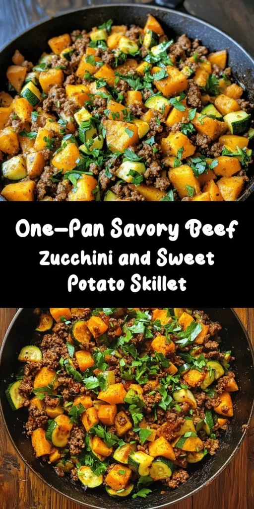 Looking for a quick and delicious weeknight dinner? Try this Savory Ground Beef Zucchini Sweet Potato Skillet! This one-pan meal combines ground beef (or turkey), zucchini, and sweet potatoes for a comforting dish packed with flavor. With a blend of spices like smoked paprika and cumin, it's sure to please everyone at the table. Plus, it's ready in just 35 minutes! Garnish with fresh parsley and enjoy a wholesome meal that's both satisfying and nutritious.