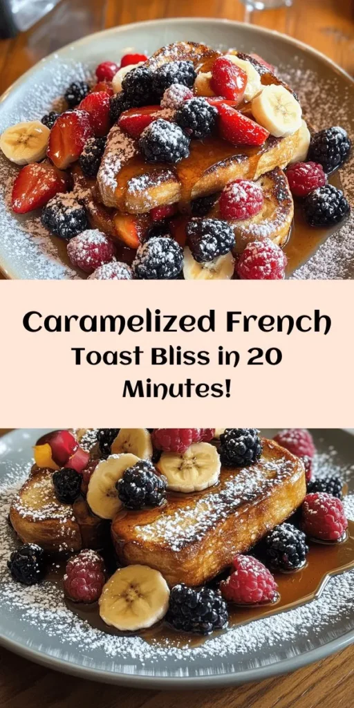 Indulge in this delicious Caramelized Delight French Toast recipe! Perfect for brunch or a sweet breakfast treat, this dish uses thick-cut brioche or challah, eggs, and creamy milk, spiced with cinnamon for extra flavor. It's cooked to golden perfection and then caramelized with brown sugar for a delightful twist. Top it with fresh berries, sliced bananas, and a hint of maple syrup for a mouthwatering finish. Quick and easy, ready in just 20 minutes!