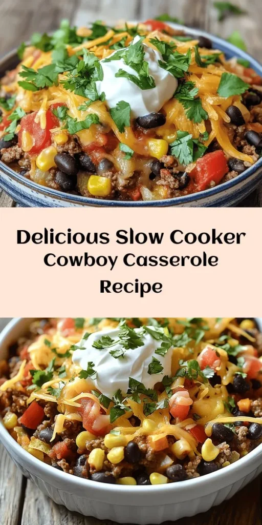 Make dinnertime a breeze with this Slow Cooker Cowboy Casserole! Perfectly comforting and full of flavor, it combines ground beef (or turkey), black beans, corn, and diced tomatoes, all seasoned with zesty taco seasoning. Top it with crispy hash browns and melted cheddar cheese for a hearty meal. Ready to serve hot with a drizzle of seasoned sour cream and fresh cilantro, this dish is sure to become a family favorite. Ideal for busy weekdays!