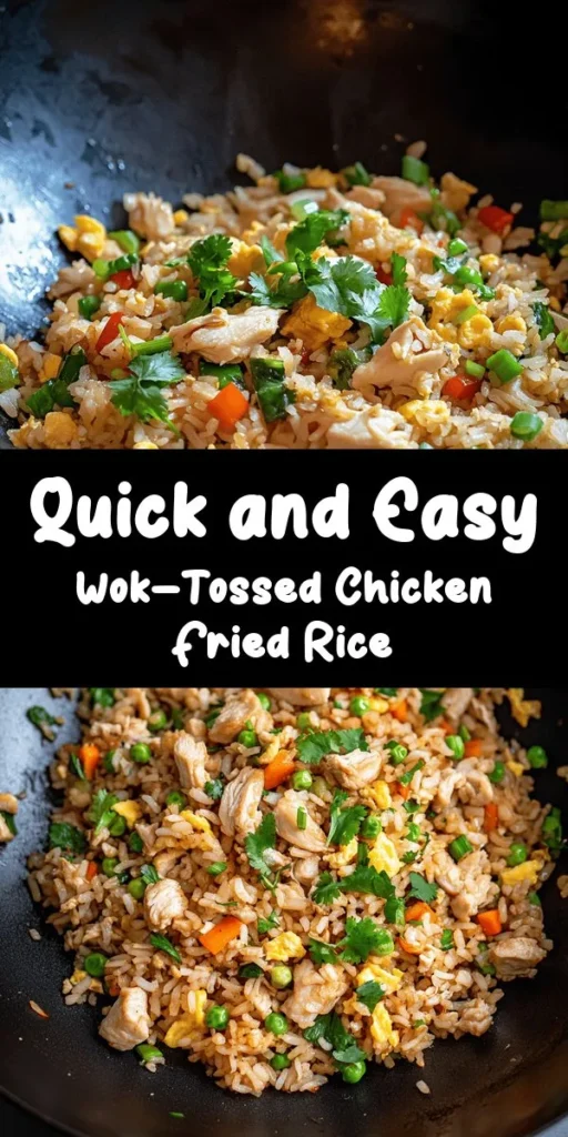 Whip up this delicious Wok-Tossed Chinese Chicken Fried Rice in just 25 minutes! This easy recipe features day-old jasmine rice, diced chicken, and a colorful mix of veggies for a satisfying meal. Scramble some eggs, toss in garlic, and stir-fry everything to perfection with soy and sesame oils for flavor. Perfect for a quick dinner and a great way to use leftover rice. Garnish with fresh cilantro for an extra tasty touch. Enjoy!