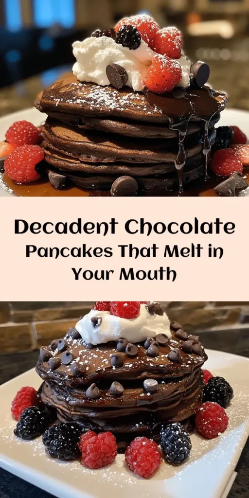Indulge in breakfast bliss with these amazing chocolate pancakes! Made with a rich mixture of cocoa powder, flour, and chocolate chips, they are perfect for chocolate lovers. Simply mix the wet and dry ingredients, cook for a few minutes on a skillet, and you've got a decadent dish ready to serve. Top with your favorites—whipped cream, fresh berries, or syrup—and enjoy a delightful start to your day. Perfect for brunch or a special treat!
