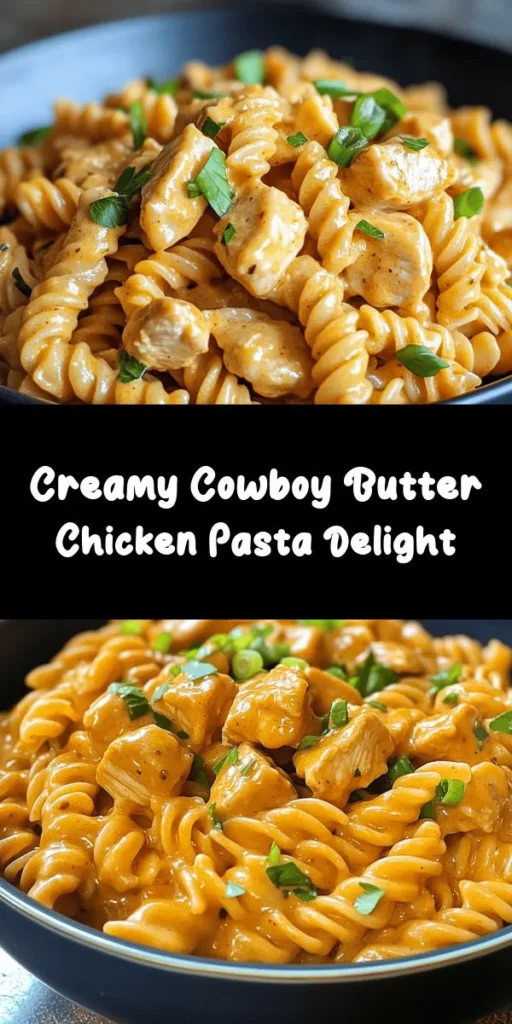Get ready to indulge in a delicious bowl of Cowboy Butter Chicken Pasta! This creamy, cheesy dish features tender chicken thighs, perfectly cooked pasta, and a rich cowboy butter sauce that's bursting with flavor. With simple ingredients like garlic, smoked paprika, and fresh herbs, it’s easy to whip up in just 30 minutes. Perfect for a weeknight dinner or any gathering, this recipe will quickly become a family favorite. Garnish with green onions and parsley for an extra touch!