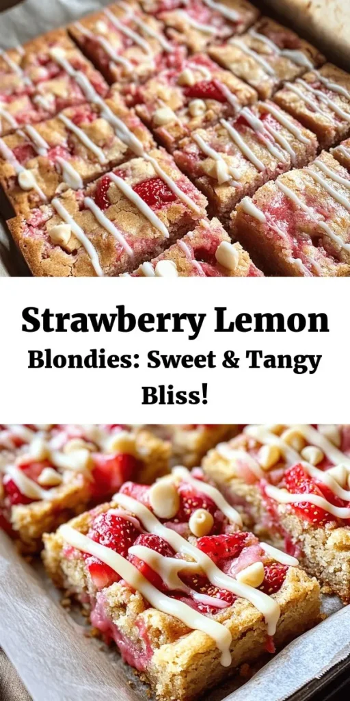 Indulge in the sweetness of these Strawberry Lemon Blondies that are unbelievably easy to make! With a buttery base, hints of fresh lemon zest, juicy strawberries, and optional white chocolate chips, these delightful treats are perfect for any occasion. Bake for just 25-30 minutes for a golden, melt-in-your-mouth dessert. Enjoy them warm or at room temperature, and they're great for sharing! Perfect for summer gatherings or a cozy night in, these blondies will be a hit!