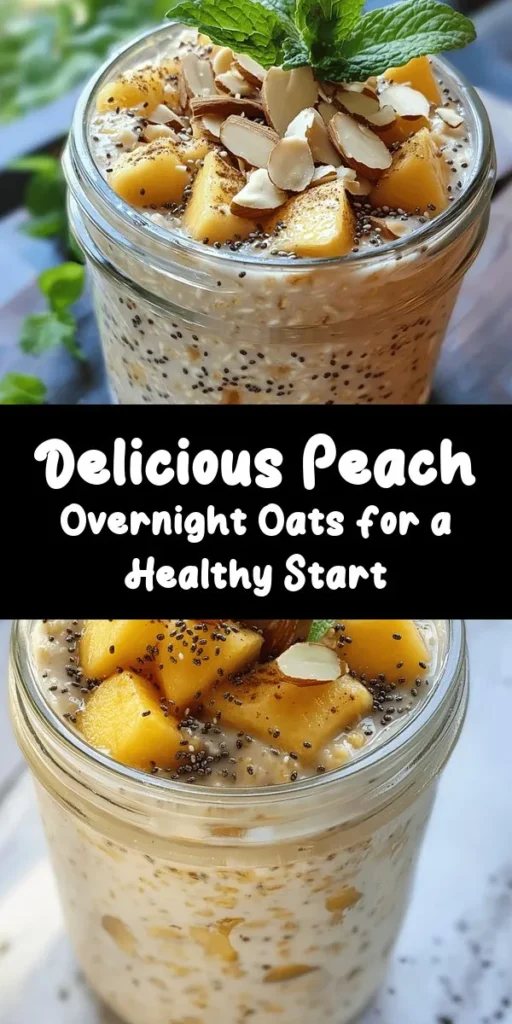 Start your day with these irresistible healthy overnight oats featuring juicy peaches! This easy recipe combines rolled oats, almond milk, chia seeds, and a touch of maple syrup for natural sweetness. Just mix your ingredients, refrigerate overnight, and wake up to a delicious breakfast ready to enjoy. Add Greek yogurt for creaminess and top with crunchy almonds or walnuts. Perfect for a quick, nutritious breakfast any day of the week!
