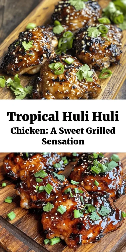 Discover the tropical flavors of Huli Huli Chicken Delight! This easy and delicious recipe features tender grilled chicken thighs marinated in a sweet and savory blend of soy sauce, pineapple juice, and spices. Perfect for summer barbecues, it takes just 20 minutes of prep time and promises juicy, flavorful bites. Garnish with green onions, cilantro, and sesame seeds for a vibrant finish. Get ready to impress your guests with this delightful dish!